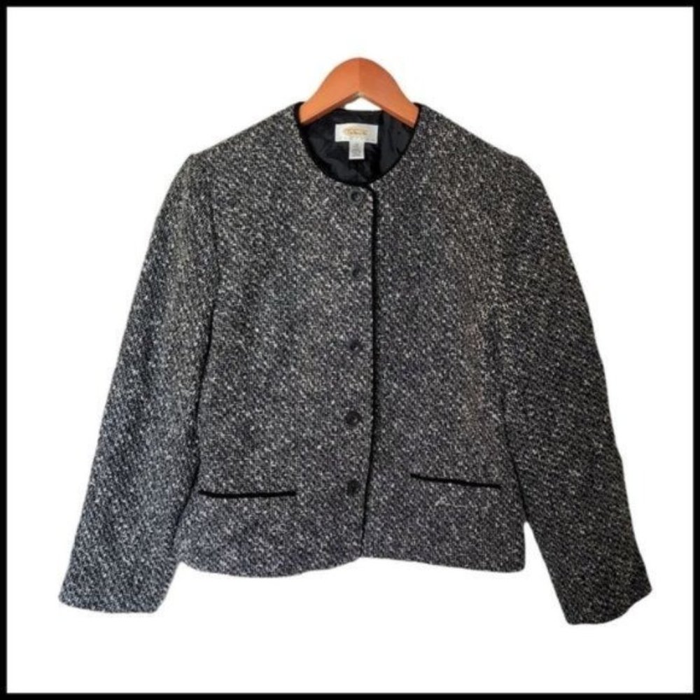 Talbots Petite Tweed Black White Blazer size 10‎ Collarless Cotton Wool Blend